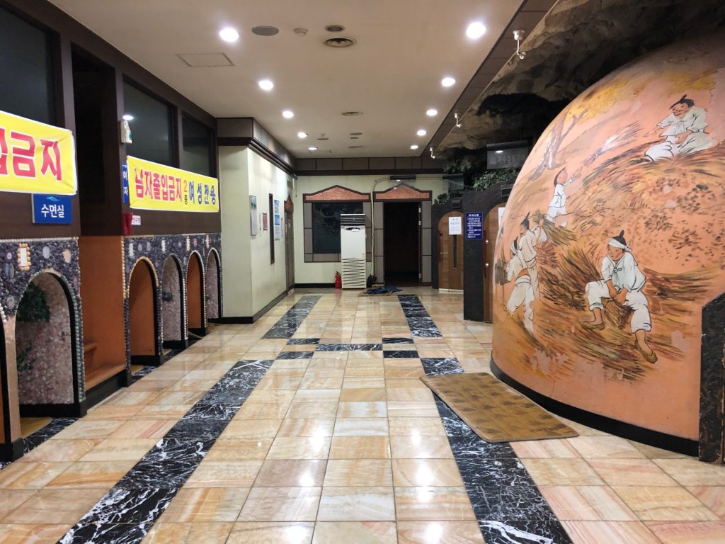 Inside a Korean jjimjilbang: the hallway of bulgama kiln saunas