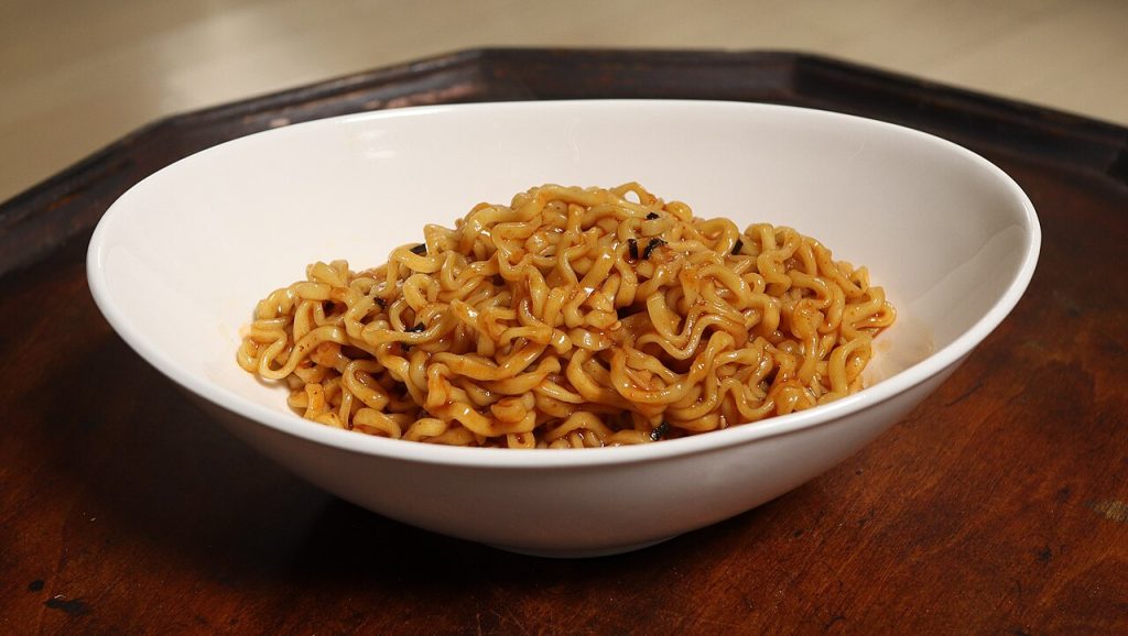 A bowl of Samyang Buldak spicy chicken ramen