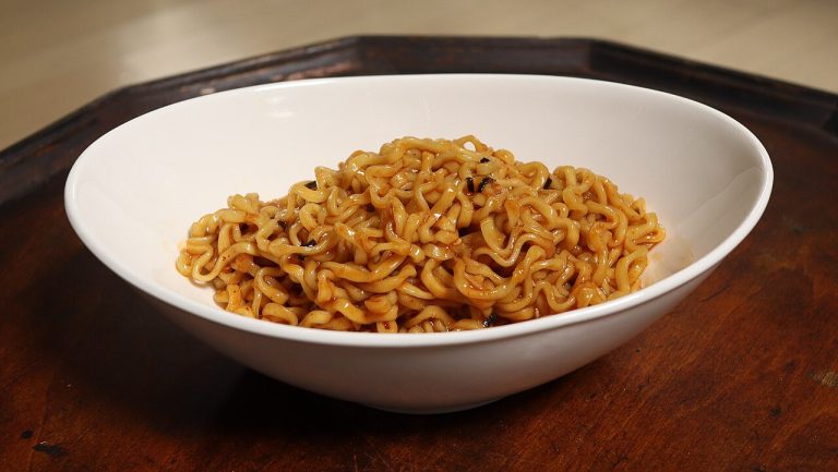 A bowl of Samyang Buldak spicy chicken ramen