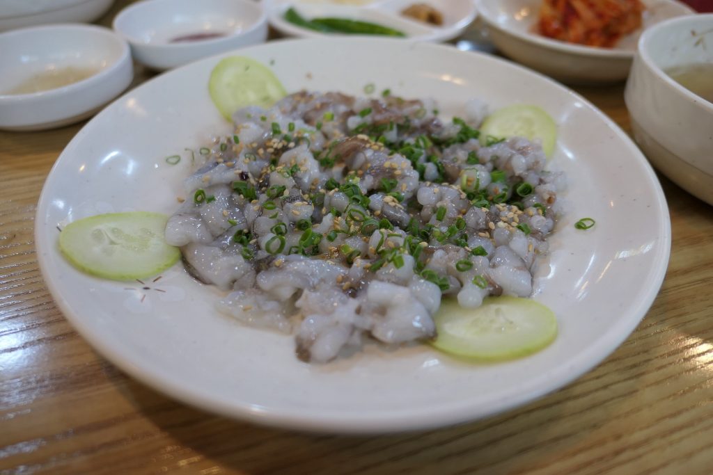 Sannakji, freshly cut live octopus, one of the Korean foods Sakura says she likes