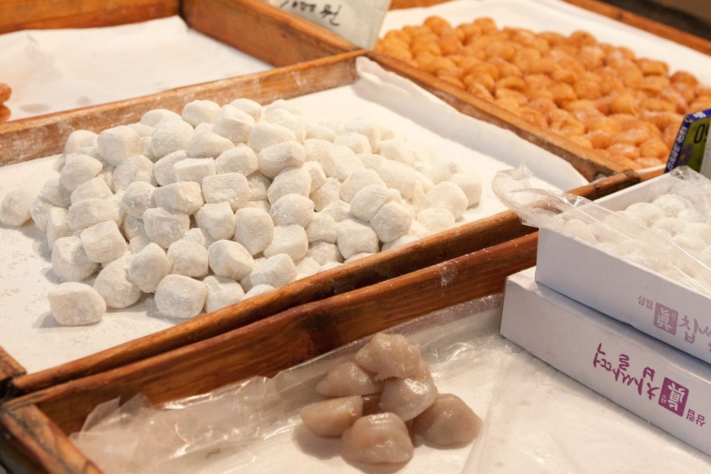 Trays of chapssaltteok, sticky rice cakes Koreans give students before the Suneung exam