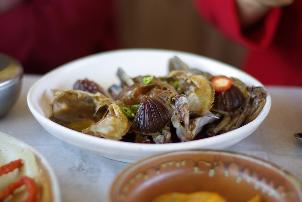 Ganjang gejang, soy-marinated raw crab, a Korean set-meal classic